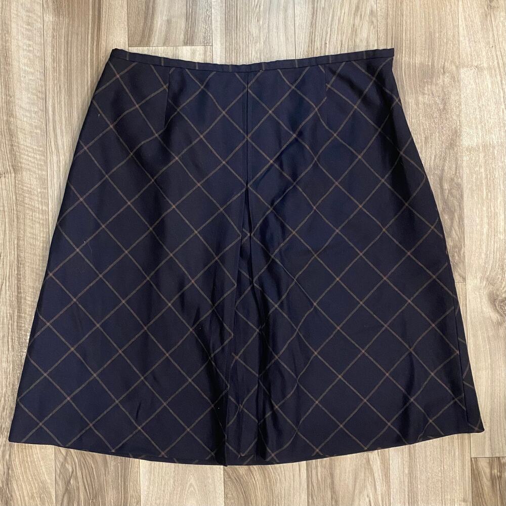 TALBOTS 12 Navy Blue A-Line Skirt Camel Diamond Plaid Inverted Front Pleat